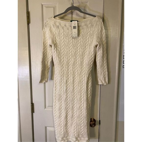 LAUREN Ralph Lauren White Knit Long Sleeve Midi Dress NWT Size Small - Picture 1 of 5